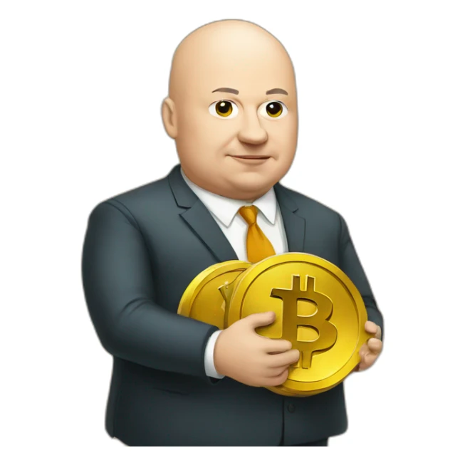 fat bald politician holding bitcoin sticker