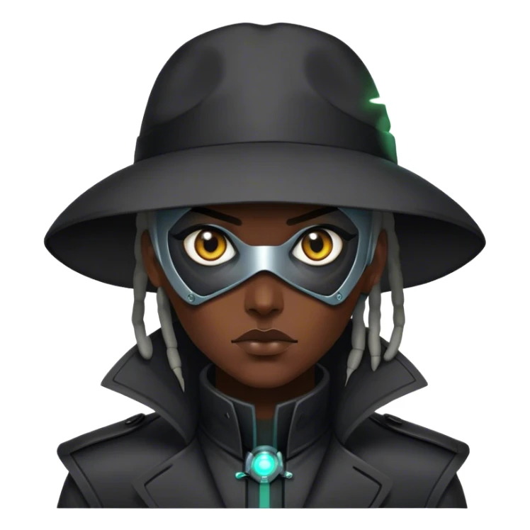 A dystopian bounty hunter, black trench coat, cybernetic eye glowing sticker