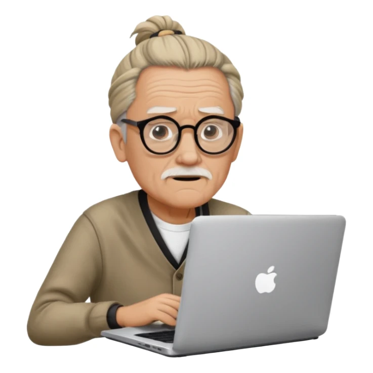 confused old man with a man bun, on a laptop sticker