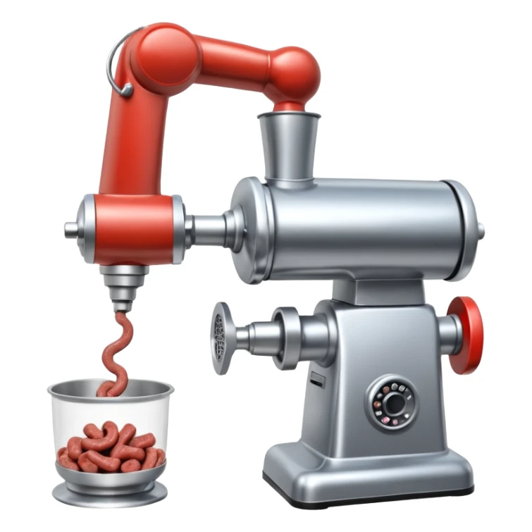 a robot that has a meat grinder for a head. 2 arms that stuff meat into the meat grinder and sausage links come out of the rear. The robot hovers sticker