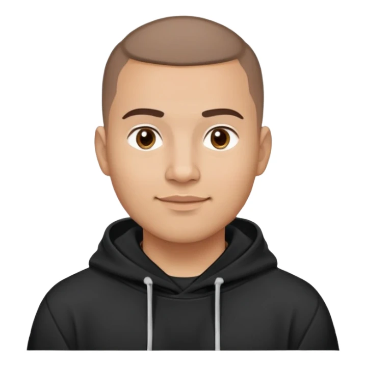 Latino man with light brown warm skin, round face, full cheeks, soft jaw, slight friendly smile, very very short almost buzz cut hair, medium eyebrows, medium eyes, straight nose, medium lips, wearing black hoodie with white logo, practical and hardworking vibe sticker