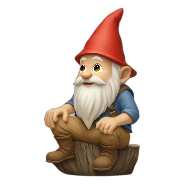side view of gnome with light tan pants squatting above tiny brown log sticker