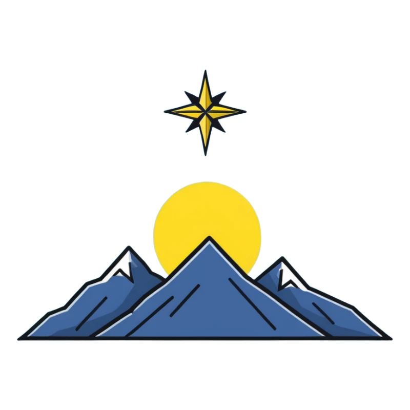 An eight-pointed star with wide wings, colored yellow, featuring a simple mountain silhouette in the center sticker