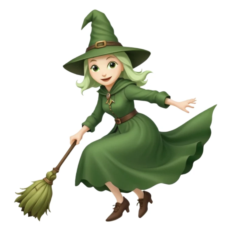 Traditional green old witch flying on a broom emoji sticker