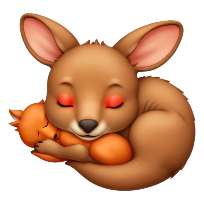 Meme-Worthy Cute Sleeping Kangaroo Portrait Emoji, Head resting peacefully with a contented smile, showcasing a robust build and a luxuriously soft red-orange fur, eyes shut in a serene, restful nap, Simplified yet hilariously adorable features, highly detailed, glowing with a soft, drowsy light, high shine, relaxed and utterly lovable, stylized with an air of playful laziness, bright and heartwarming, soft glowing outline, capturing the essence of a comically sleepy kangaroo, so meme‐worthy it feels like it could instantly become the next viral sensation of adorable slumber! sticker