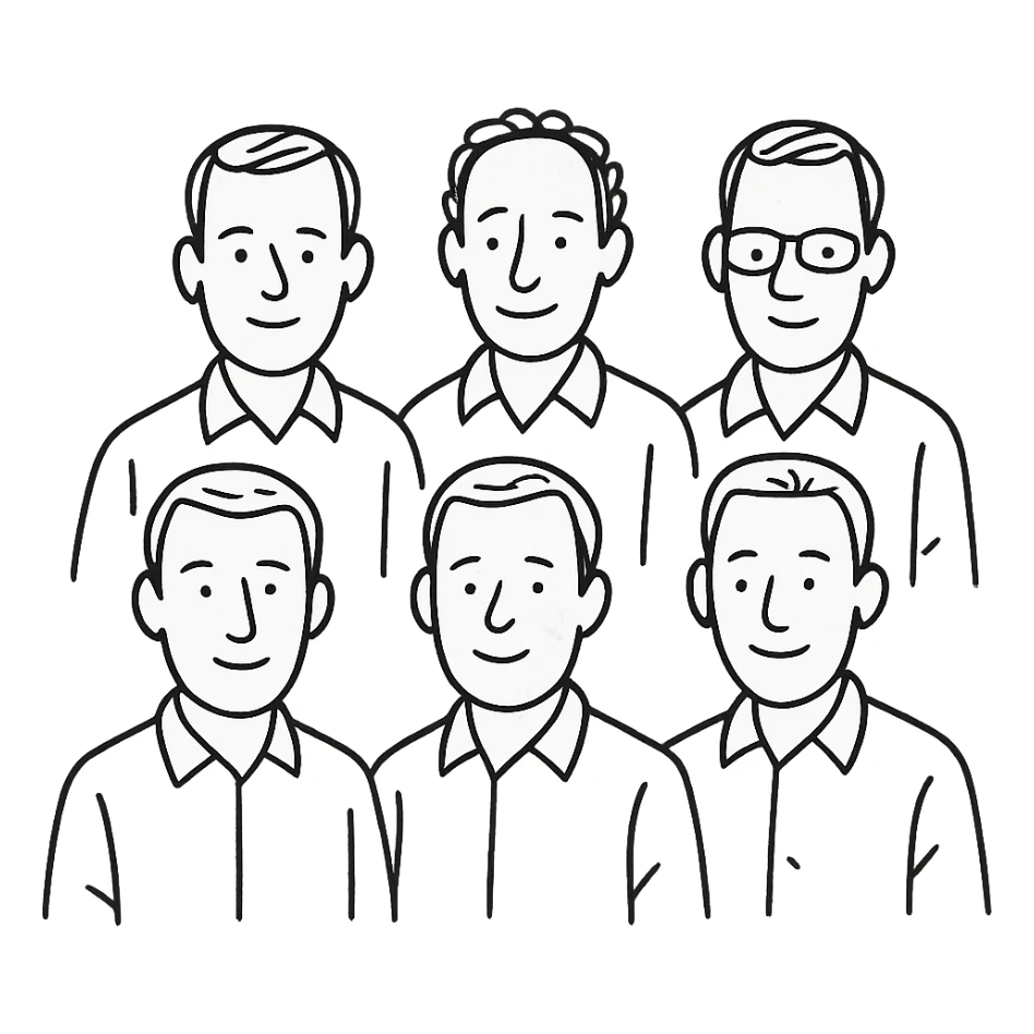 group of 6 men, white skin tone, white shirts, hand-drawn style sticker