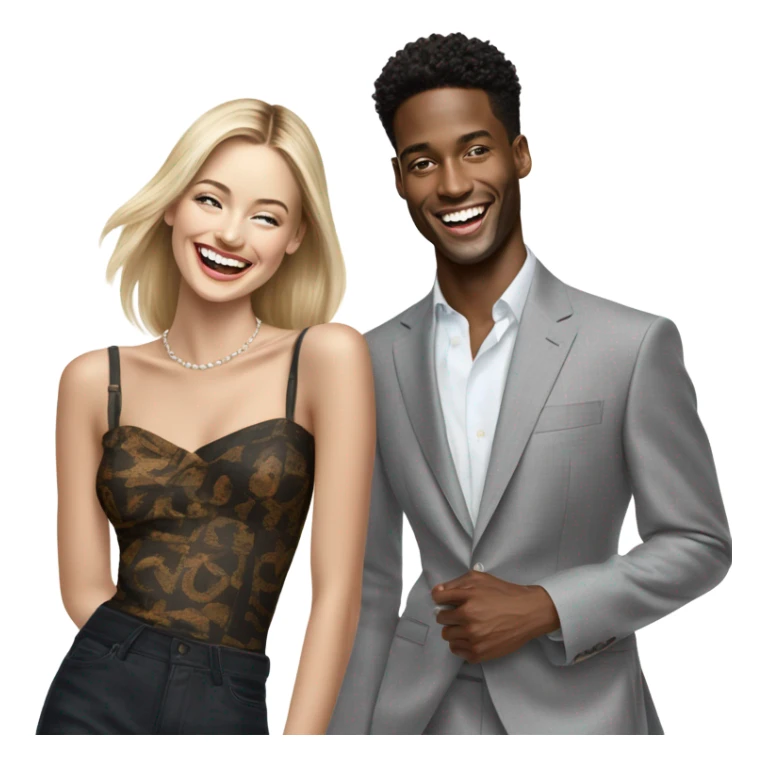 Hyper Realistic beautiful dior model laughing with a handsome male model  sticker