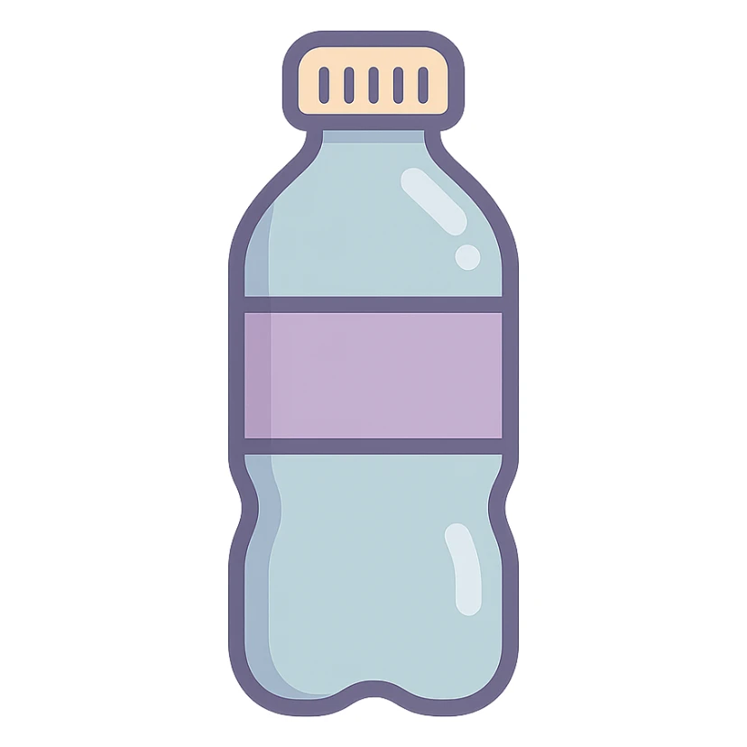 classic water bottle with label, icon-color-outlined style, Chinese eastern style, thin clean contours, soft rounded shapes, pastel palette #98B5BC, #B5B3C1, #C9A3C9, #E4C0CA, #F7DCD1, #F7C0AA, detailed shadows and highlights, soft lighting, transparent background, no decoration, top view sticker