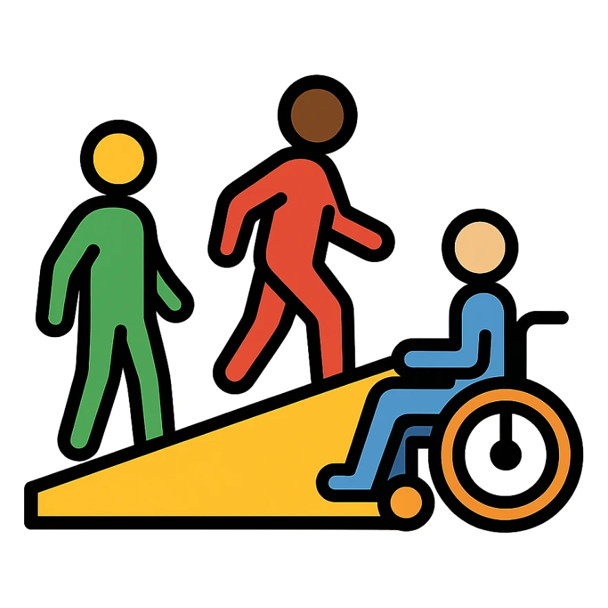accessible activity space icon with color fill, ramps, and diverse people sticker