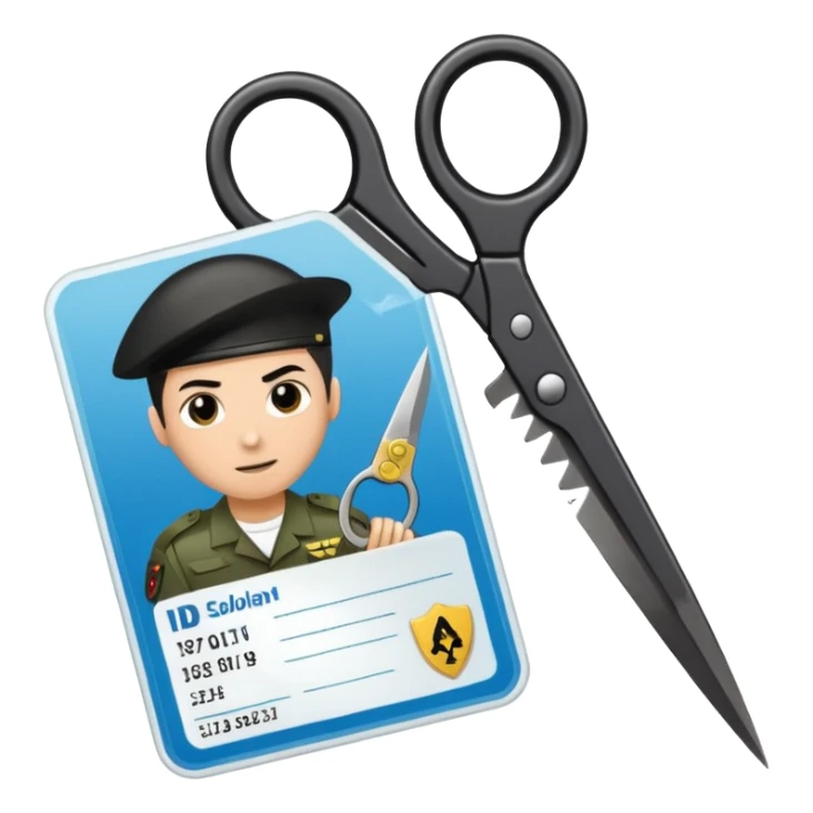 Floating black Scissors cutting an idf soldier ID card in 2 parts .hyper realistic sticker