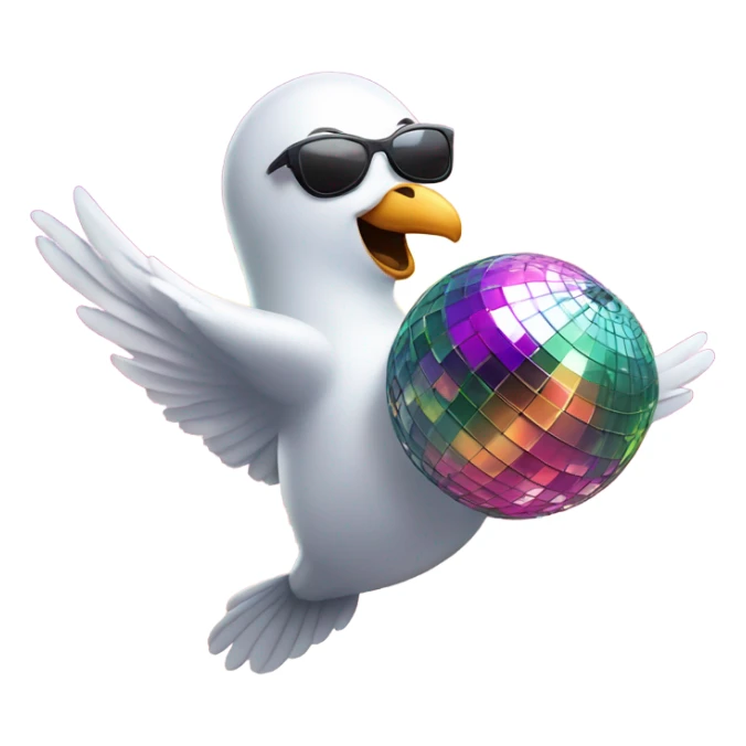 An dove in trendy sunglasses dancing under a disco ball, looking happy. sticker
