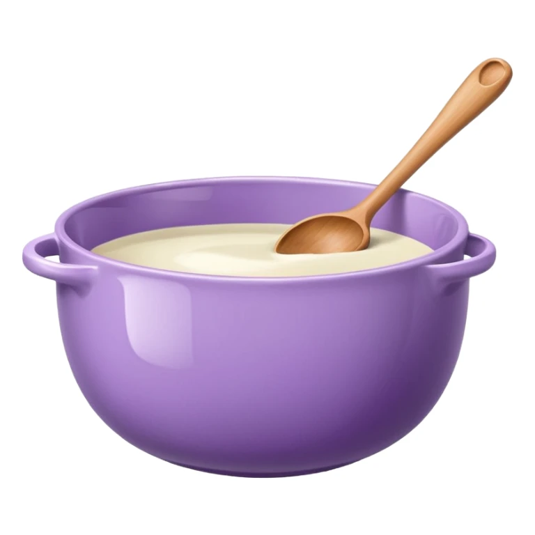 a lilac ceramic mixing bowl with a wooden spoon stirring sticker