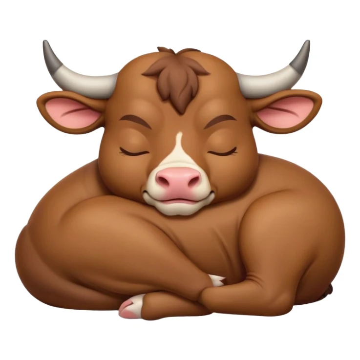 meme-worthy-cute-sleeping-domestic-bull-portrait-emoji,-head-resting-peacefully-with-a-contented-smile,-showcasing-a-robust,-muscular-build-and-a-luxuriously-soft-coat,-eyes-gently-closed-in-serene,-restful-slumber,-simplified,-solid-brown sticker