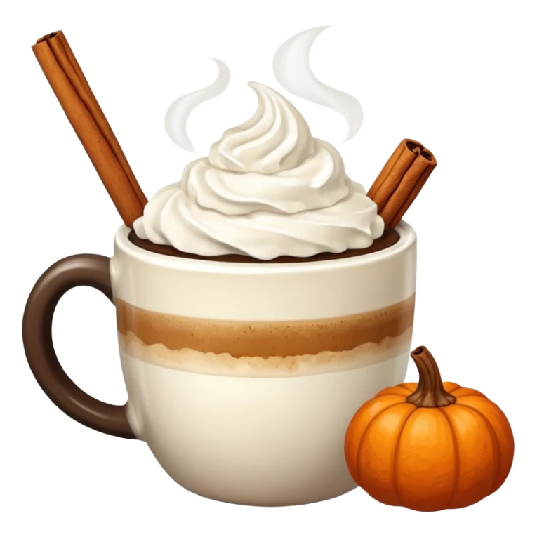 Steaming coffee Mug with whipped Cream and cinnamon Dust on Cream.  Small Punkin and 3 sticks of cinnamon next to mug sticker