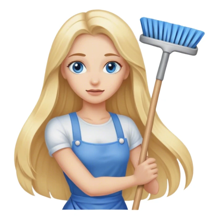 Cinematic realistic blonde with long hair, blue eyes cleans the room sticker