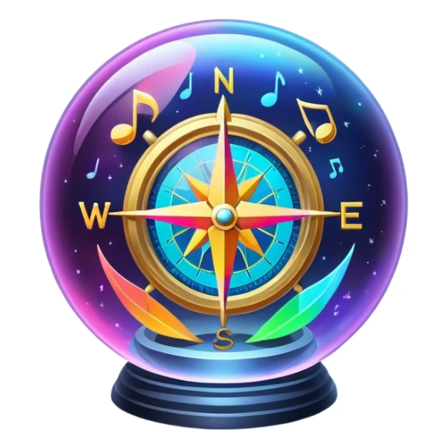 A glowing holographic compass with vibrant neon colors and music notes, inside a crystal-clear sphere sticker