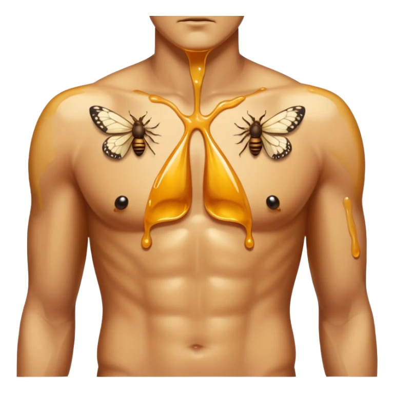 close up male torso with honey gloss drip nd moths nearby sticker