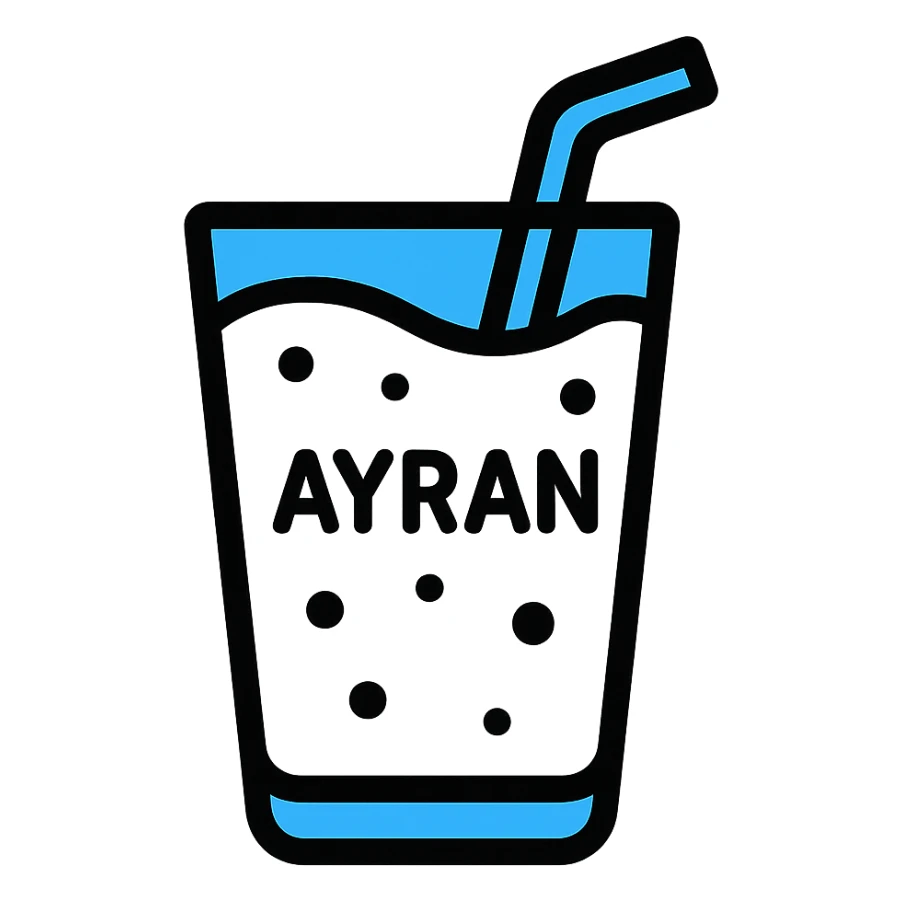 stylized flat design icon of Ayran beverage in a glass with white liquid, blue accents, and a straw, easy to recognize sticker
