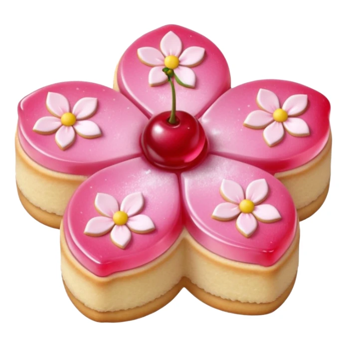 Realistic shortbread cookie in the shape of a cherry blossom with pale pink color jelly middle filling and sprinkled powder sugar on top. sticker