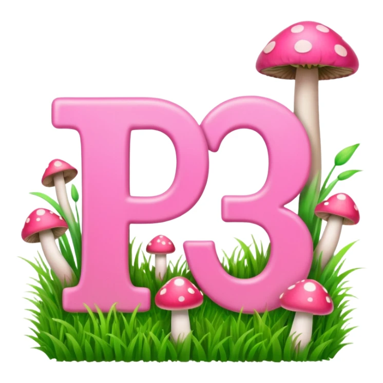 P.P letters, pink and green, with grass growing, mushrooms around sticker