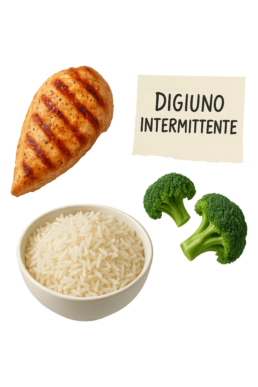 petto di pollo grigliato, bowl di riso basmati e broccoletti fluttuano in aria insieme ad un foglio con la scritta "DIGIUNO INTERMITTENTE", iperrealistico 4k sticker