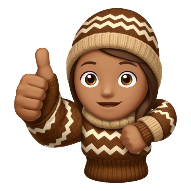 thumbs up fist, hand only, brown knit mitten with zig-zag beige pattern sticker