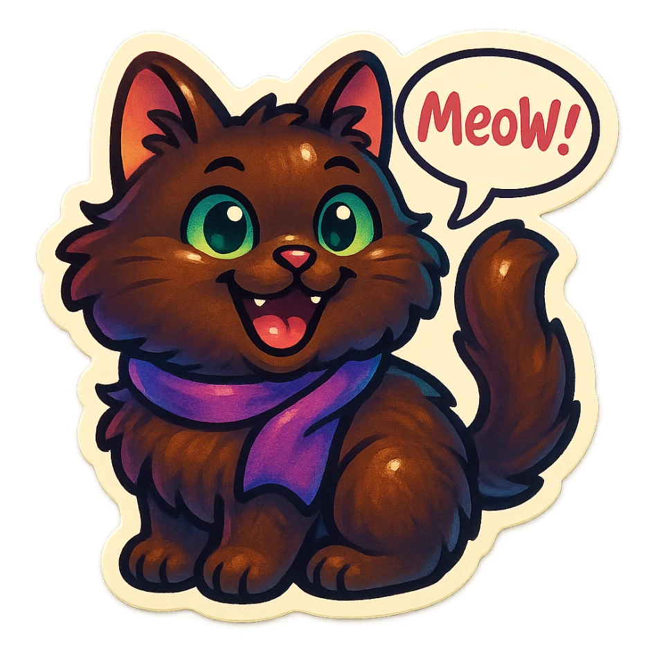 Fluffy cute derpy silly smiling happy dark-brown cat with green eyes and a purple scarf saying ‘mEoW~!’ (With a speech bubble) sticker
