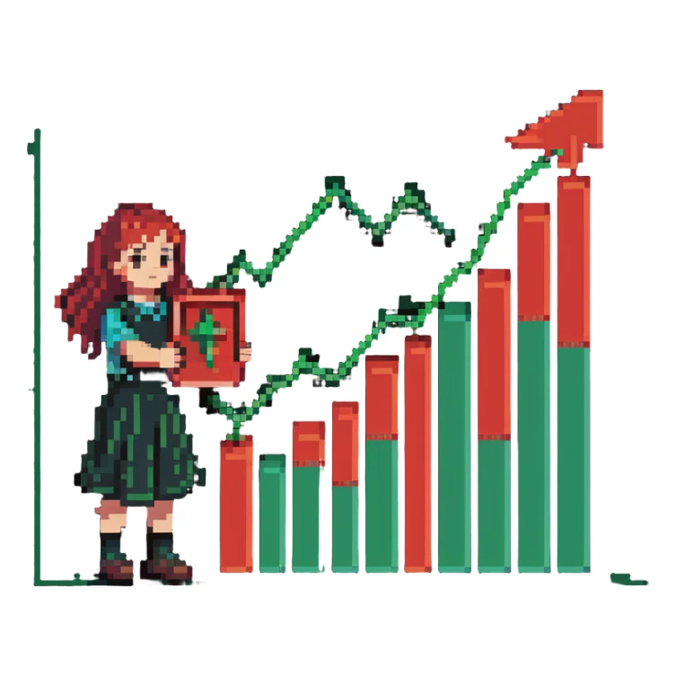 Girl holding chart with rising green graph line in right hand and holding another chart with falling red graph line in left hand sticker