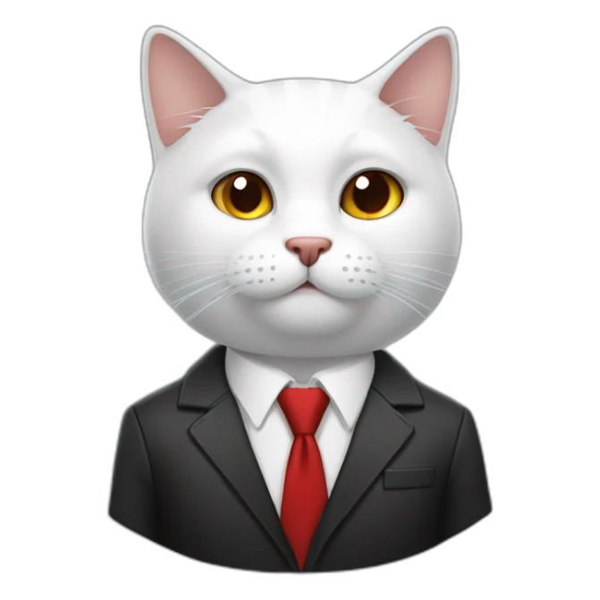 Boss amd white cat, white skin, black hair, brown eyes, black jacket with red tie. speek with client sticker