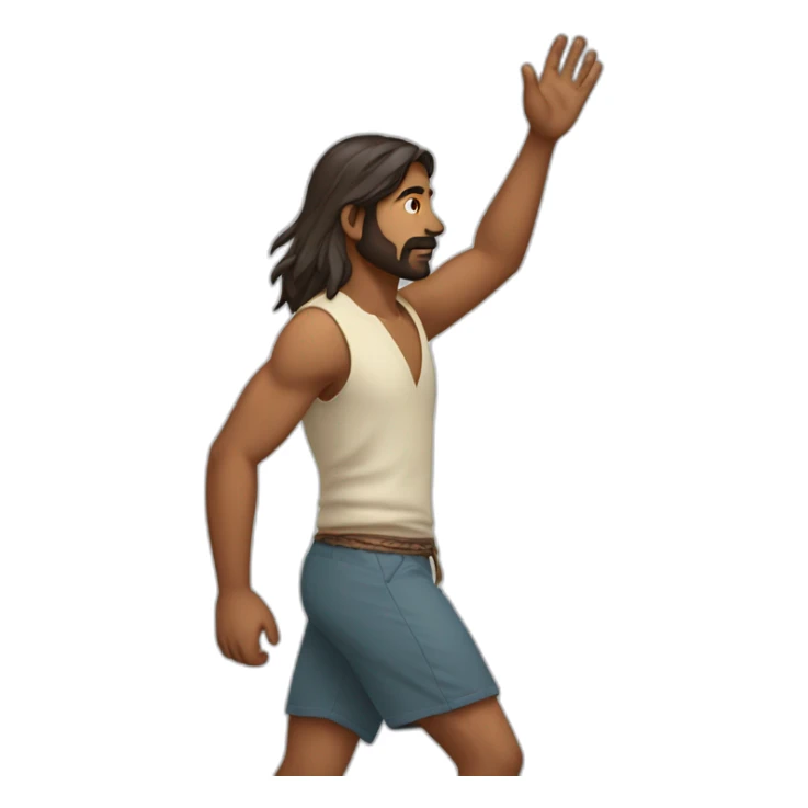 an indian man with long hair in shorts, walking, side profile, one hand raised slightly up sticker