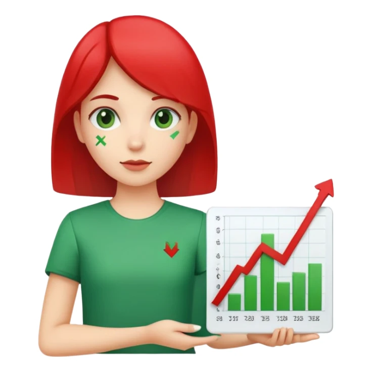 Girl holding chart with rising green graph line in right hand and holding another chart with falling red graph line in left hand sticker
