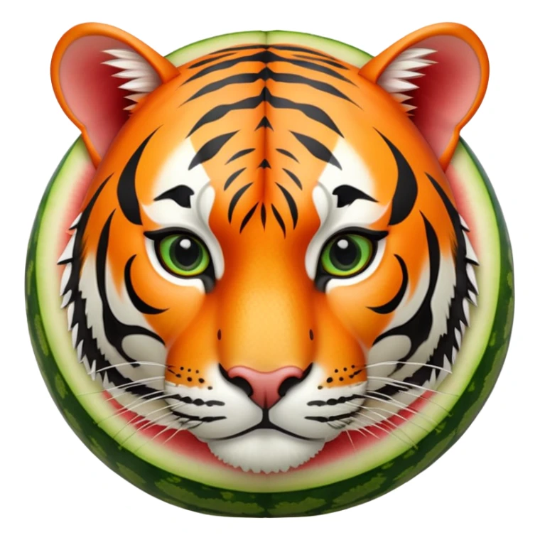 A round watermelon with green rind and a realistic tiger head attached to it sticker