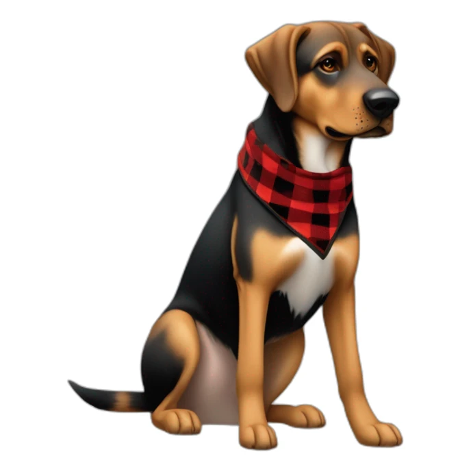 75% Coonhound 25% German Shepherd mix dog wearing small pointed red buffalo plaid bandana side view full body facing left sticker
