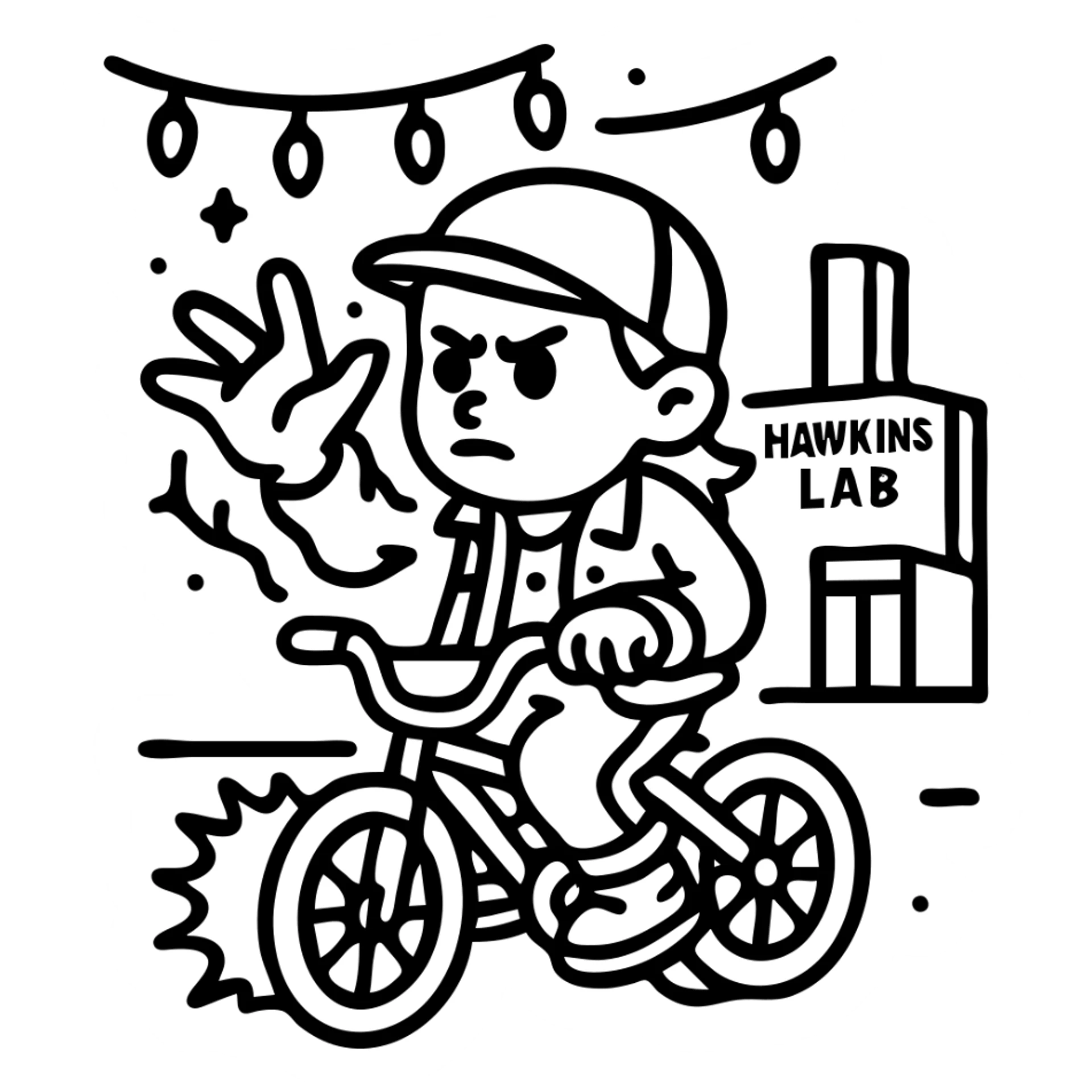 Stranger Things character in black and white line art, ideal for coloring. Personagem com bicicleta, poderes da Eleven, luzes de Natal, laboratório Hawkins ao fundo, traços nítidos, sem cor. sticker