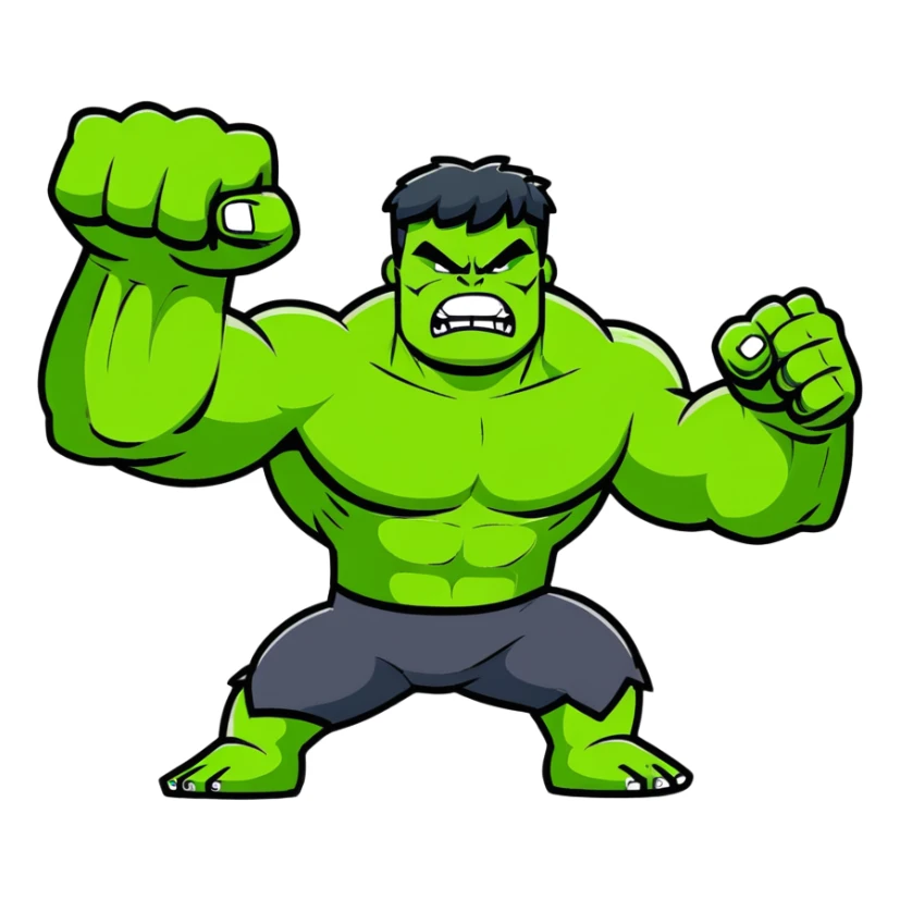 Hulk smashing with fists raised, green muscular superhero breaking ground, action pose, dynamic movement, angry expression sticker