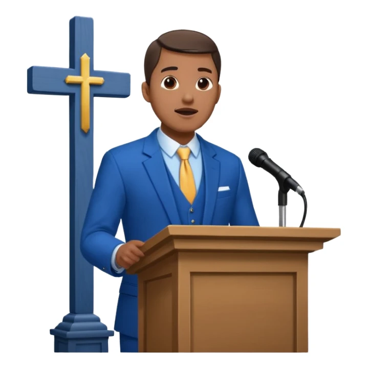 pastor with blue suits preaching in front of a pulpit with a cross behind him on the wall sticker