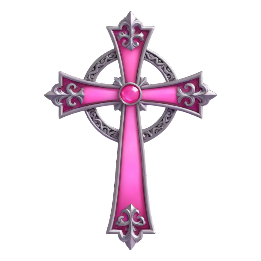 3D gothic cross with pink stained glass inlays, ornate and luminous sticker