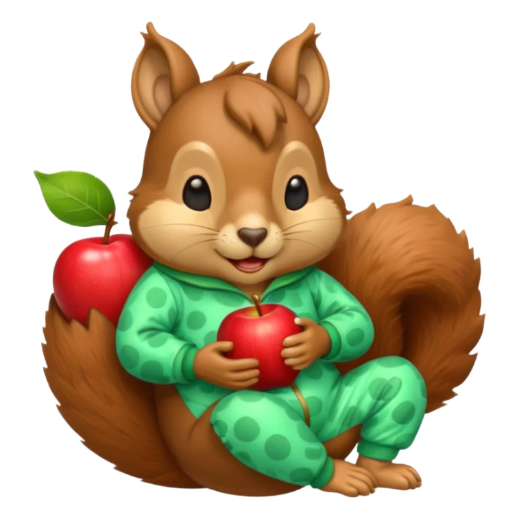 squirrel in acorn pajama suit snoring with holding apple sticker