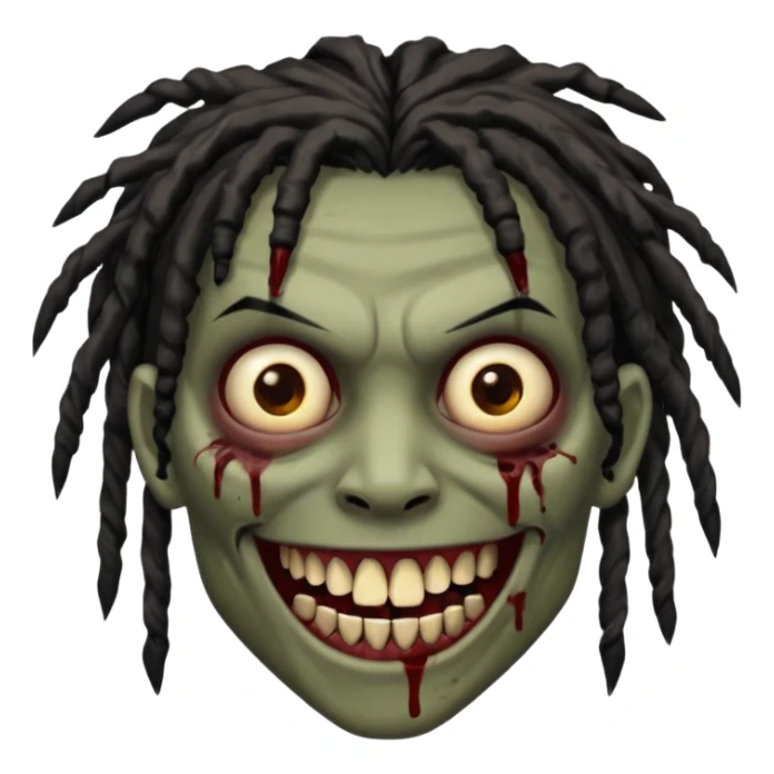 zombie with brown skin, messy black dreads hair, wide centered brown eyes, dark bloody marks under the eyes, and a smile showing crooked teeth grillz, giving a distressed, undead look. sticker
