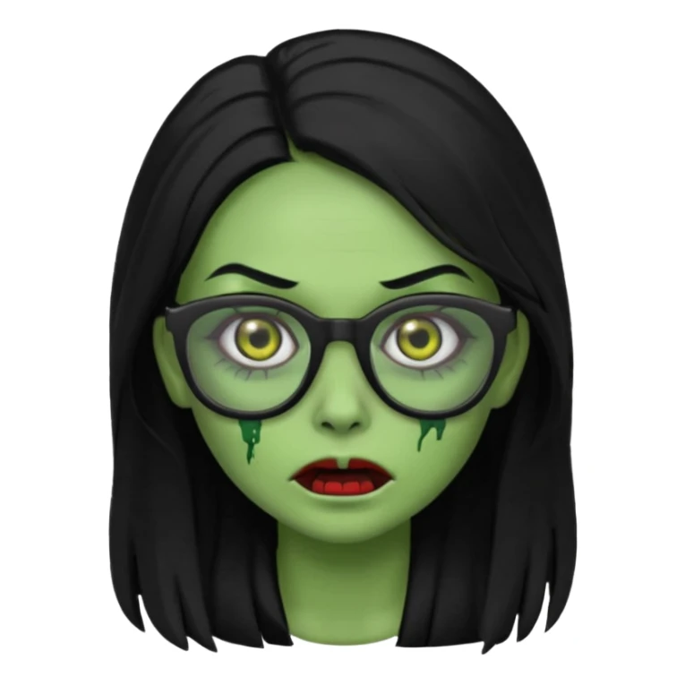 crie um emoji de zumbi feminino, com pele verde, óculos preto e cabelo longo preto sticker