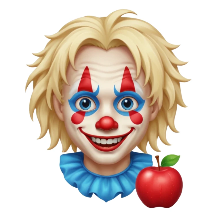 creepy clown boy with messy very long long blonde hair, blue eyes, make it more like an apple emoji sticker