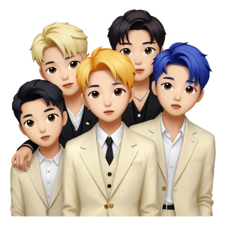 Cinematic Realistic BTS Portrait Emoji, depicted as a dynamic energetic portrayal of the global K-pop group with stylish modern attire and vibrant expressions, rendered with rich textures and bold contemporary lighting that captures their youthful charisma. sticker