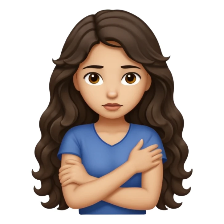 Hispanic light tan girl with long dark wavy hair crossing her arms under arm pit and slightly pouting sticker