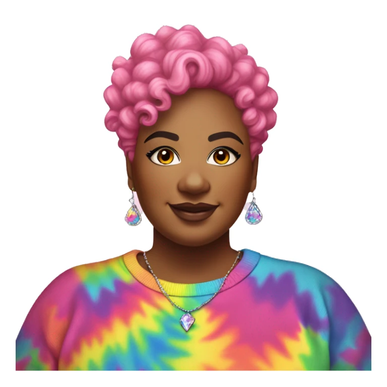 Plus size black woman with pink curly pixie cut hair and a rainbow tie dye sweater , and diamond stud earrings  sticker