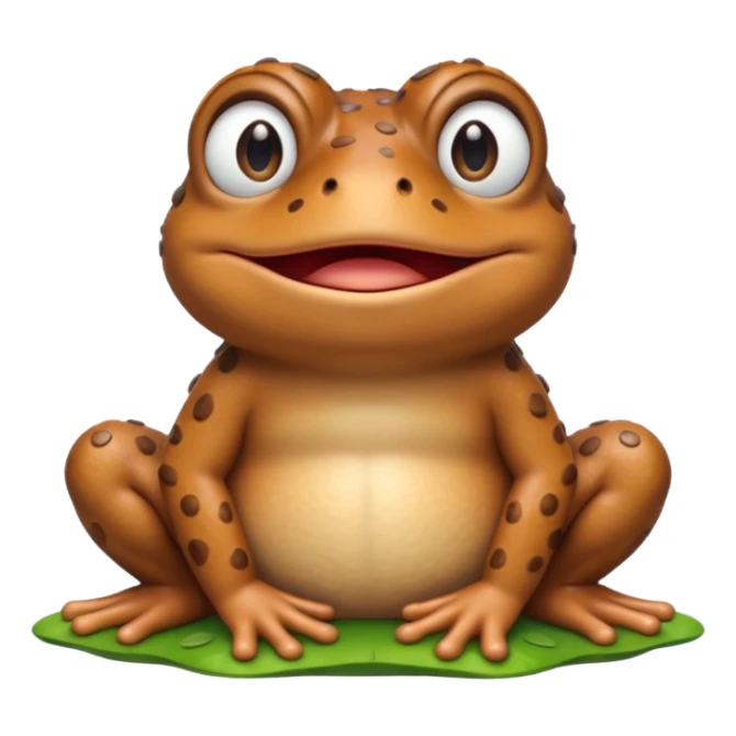 A 3D cartoon toad sitting on damp ground, bumpy brown skin, wide mouth, gentle expression, soft light and clean background, Memoji-style. sticker
