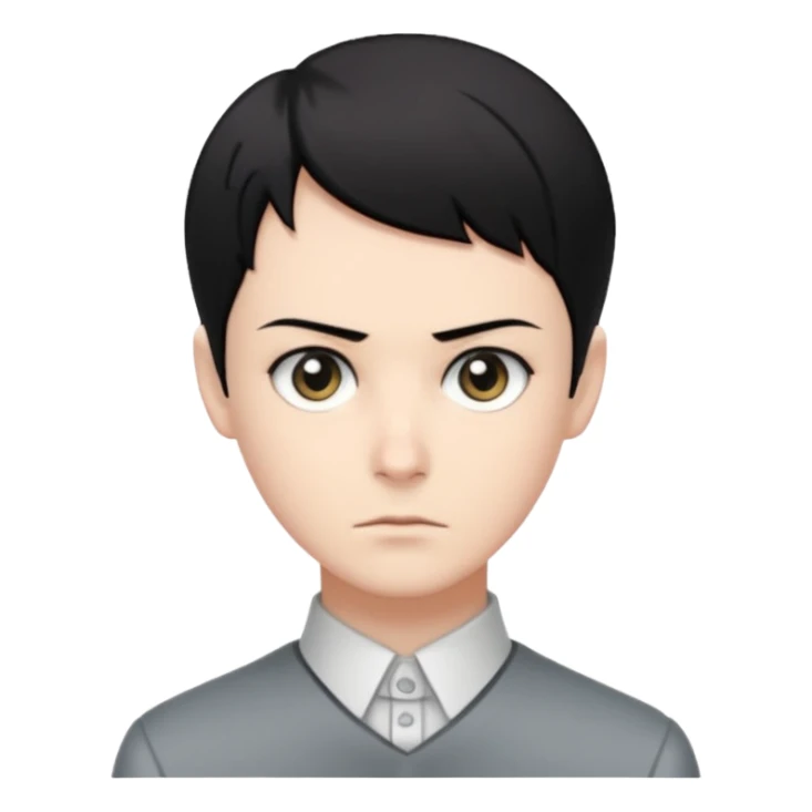 short black neat hair, sharp dull gray eyes, pale skin, serious expression, upright posture, minimal accessories, sharp and precise style. Levi Ackerman  sticker