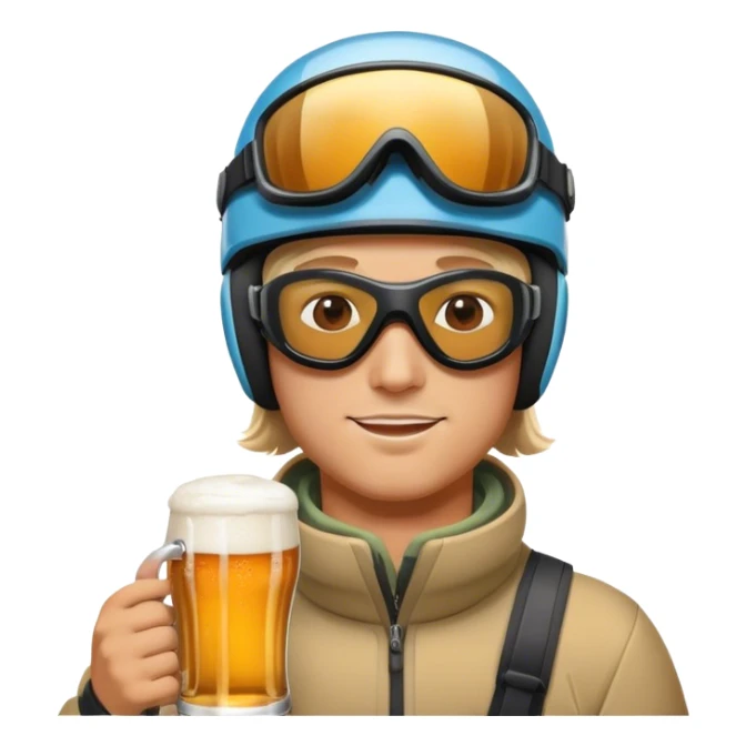 After-ski, a skier, wearing modern skiing goggles on his ski helmet, drinking beer. The person should not wear any glasses. sticker