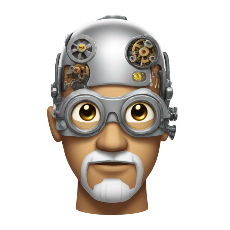 Tan bald male Latino cyborg head with grey beard, silver steampunk monocle goggles and circuits sticker