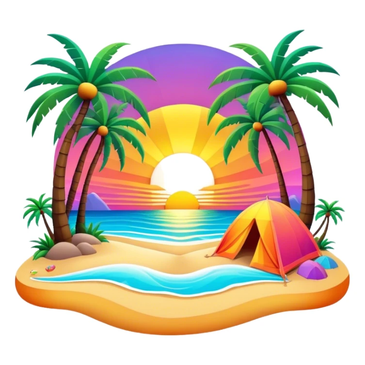 3D, psychedelic colored hippie style beach with setting sun and palm trees sticker