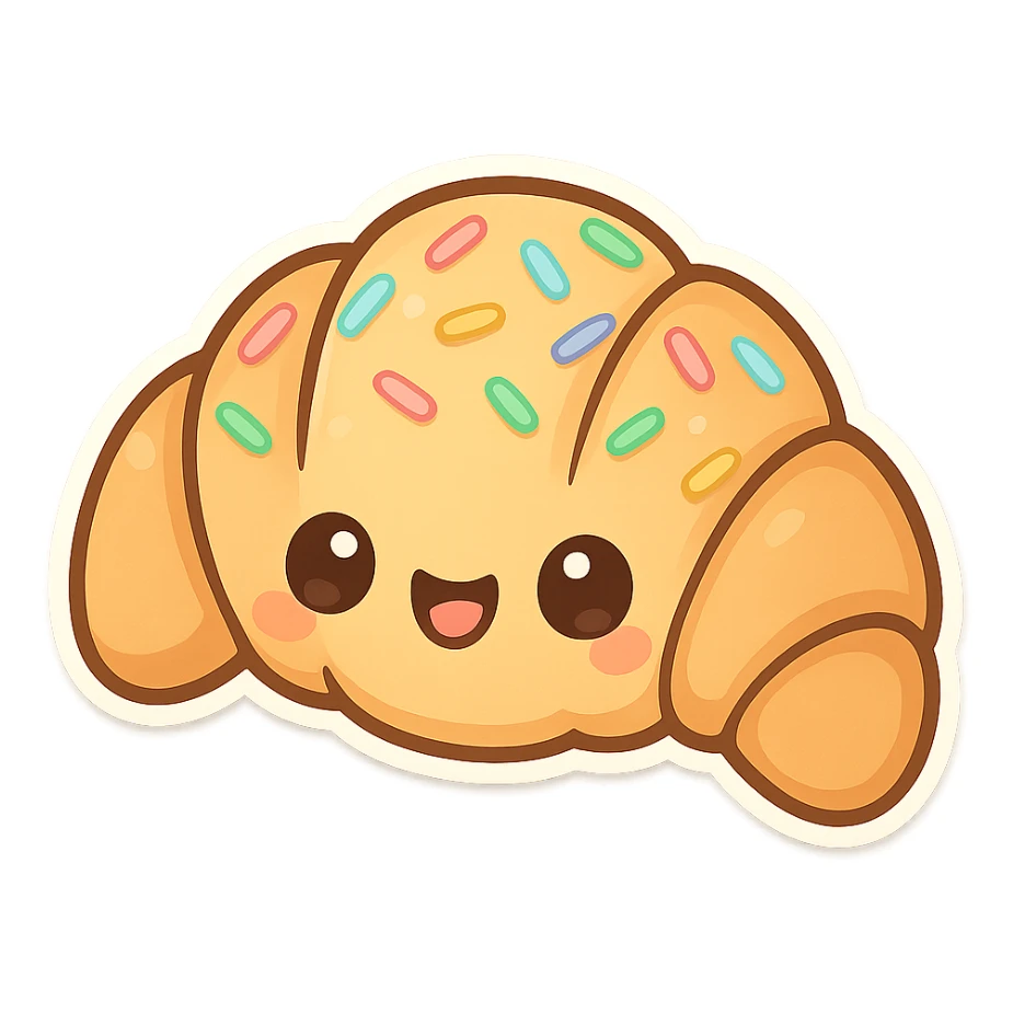 chibi sticker-style croissant with sprinkles, cute and exaggerated sticker
